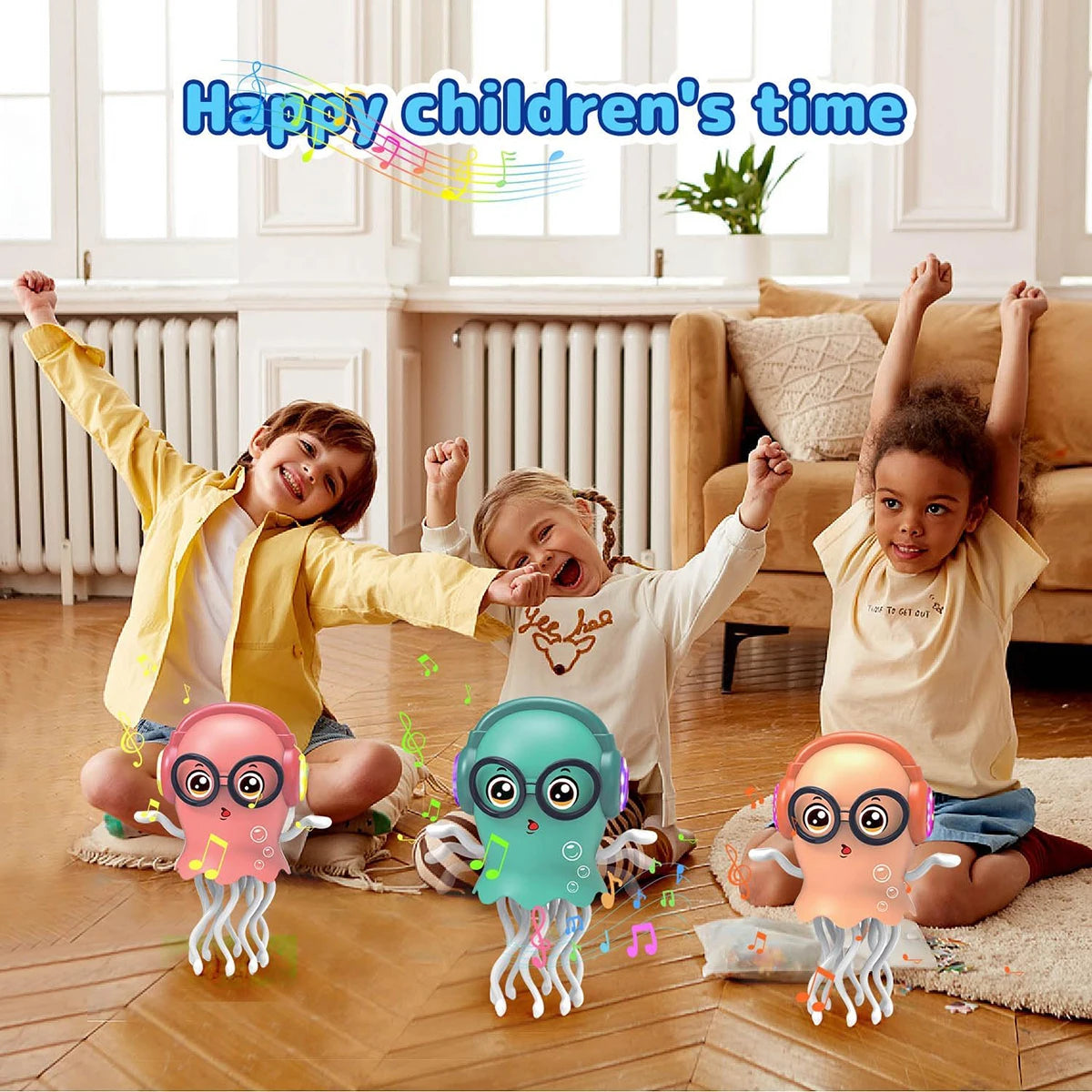 Three children are playing with interactive dancing jellyfish toys that light up and move on a wooden floor.