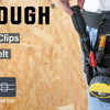 A black tool belt pouch with a yellow clip is shown attached to a person's jeans.