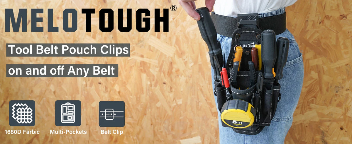 A black tool belt pouch with a yellow clip is shown attached to a person's jeans.