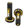 A black universal motorcycle handlebar grip with a yellow PowerMotor logo and vibration dampening features.