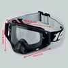 Black motorcycle goggles with a white strap shown from the front and side.