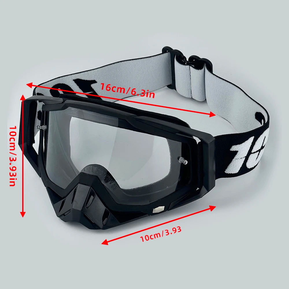 Black motorcycle goggles with a white strap shown from the front and side.