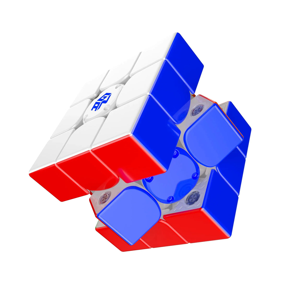 A red and blue speed cube with white markings is shown at an angle.