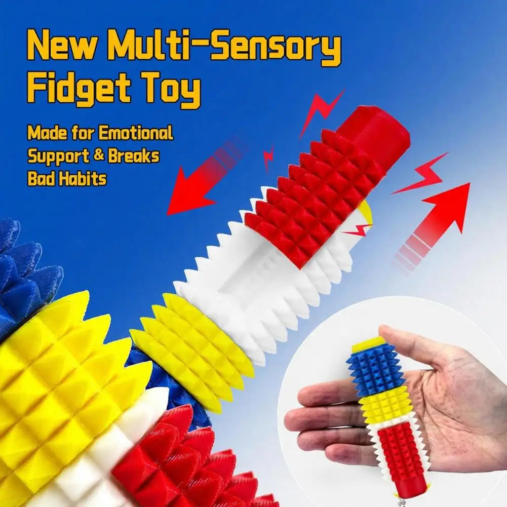 A close-up of a multi-sensory fidget toy with red, yellow, and white spikes being held by a hand.