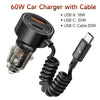 60W USB-C Car Charger with Built-In Spring Cable