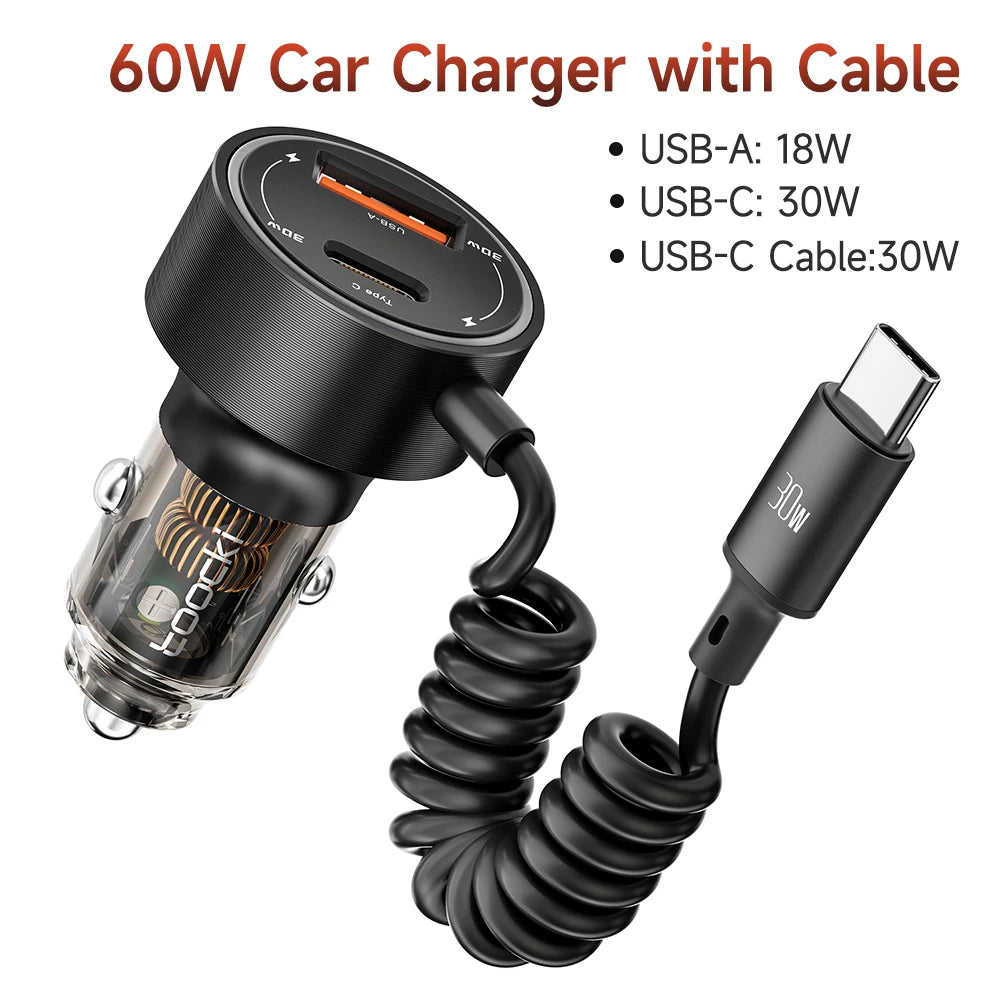 60W USB-C Car Charger with Built-In Spring Cable