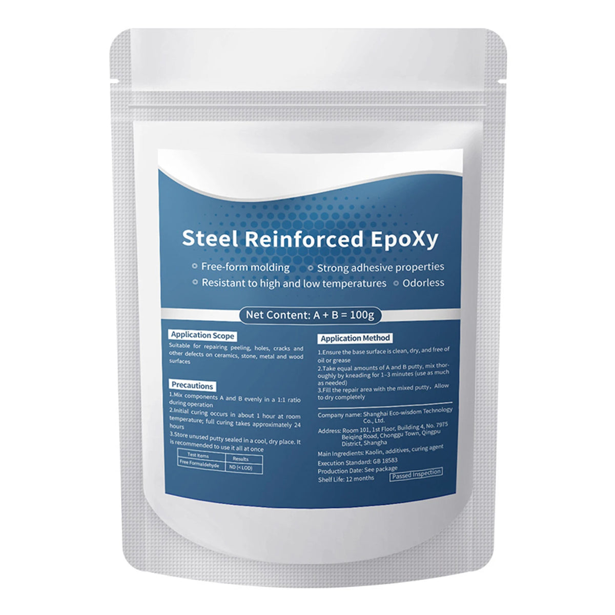 A white pouch of Steel Reinforced Epoxy repair putty for cracks and leaks with usage instructions.