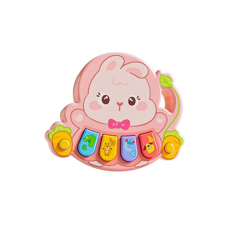 A pink interactive animal piano toy featuring a rabbit design and colorful buttons for toddlers.