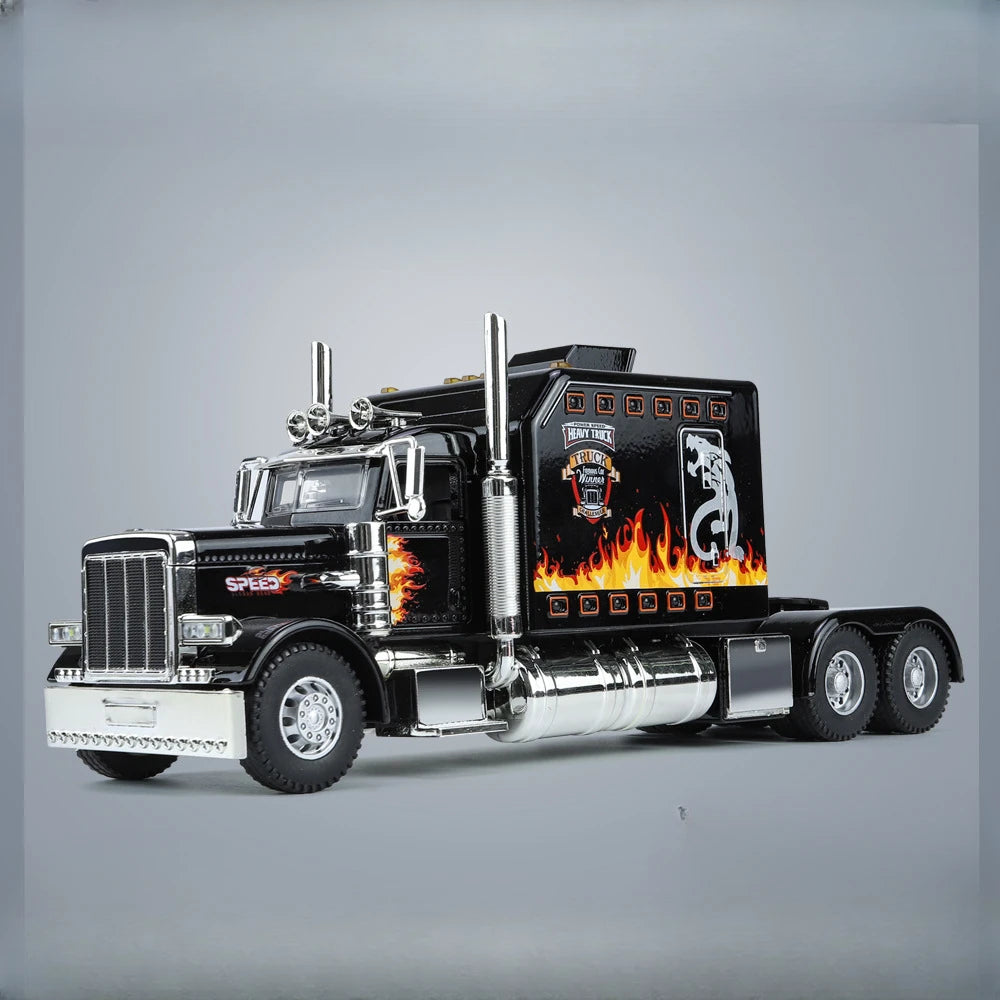 A black 1:24 scale diecast Peterbilt 389 heavy truck model with pull-back action, sound, and lights.