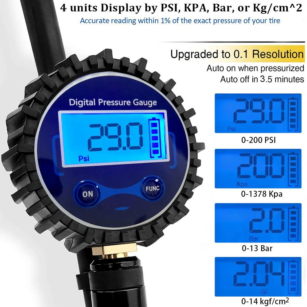 Digital tire pressure gauge displaying 29.0 PSI, KPa, Bar, or Kg/cm^2 on a black gauge with an inflation gun.
