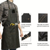 A dark denim work apron with multiple pockets and adjustable fit is shown on a person.