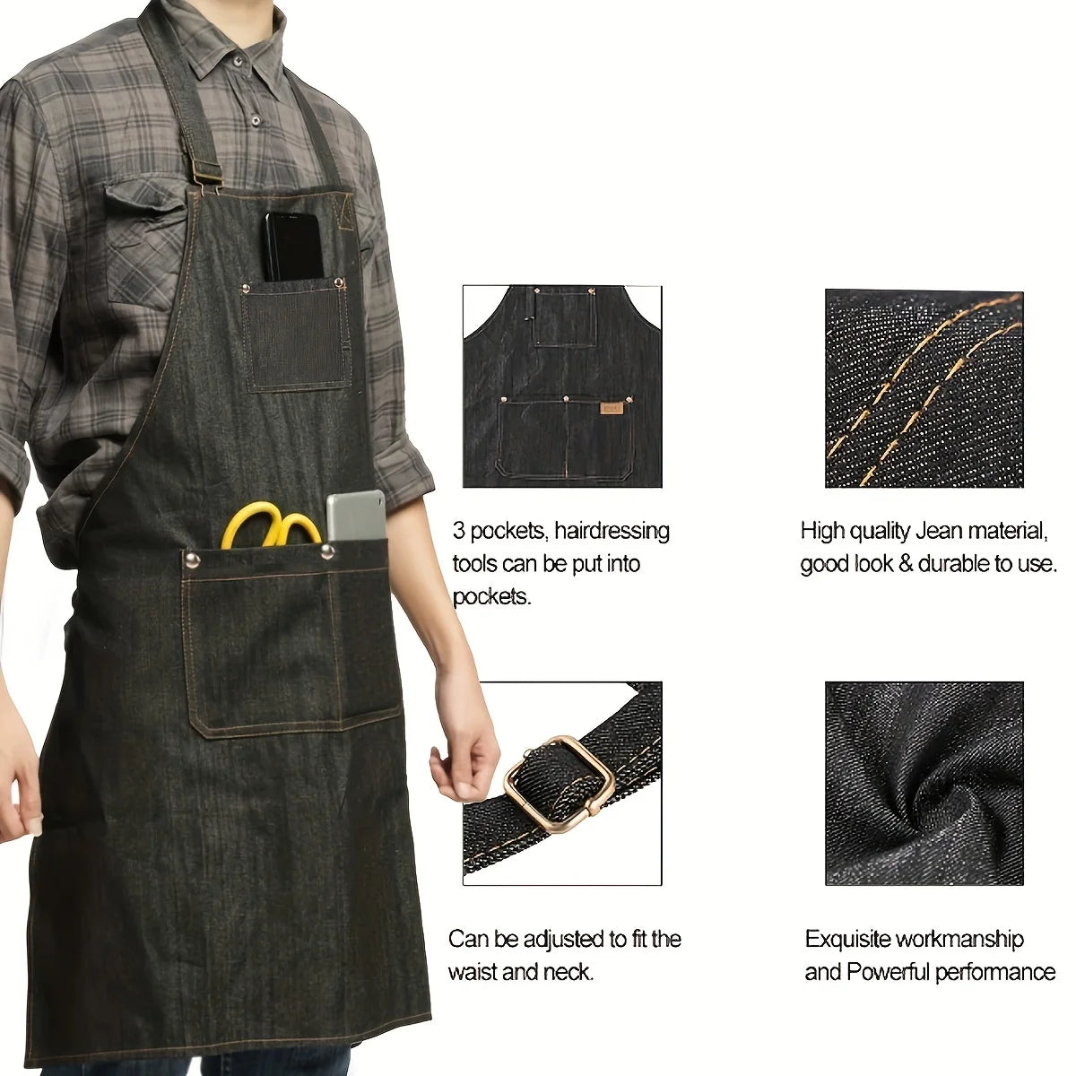 A dark denim work apron with multiple pockets and adjustable fit is shown on a person.