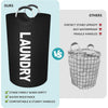 A comparison showing a black laundry bag with the word LAUNDRY and a checkered white basket, highlighting features like water