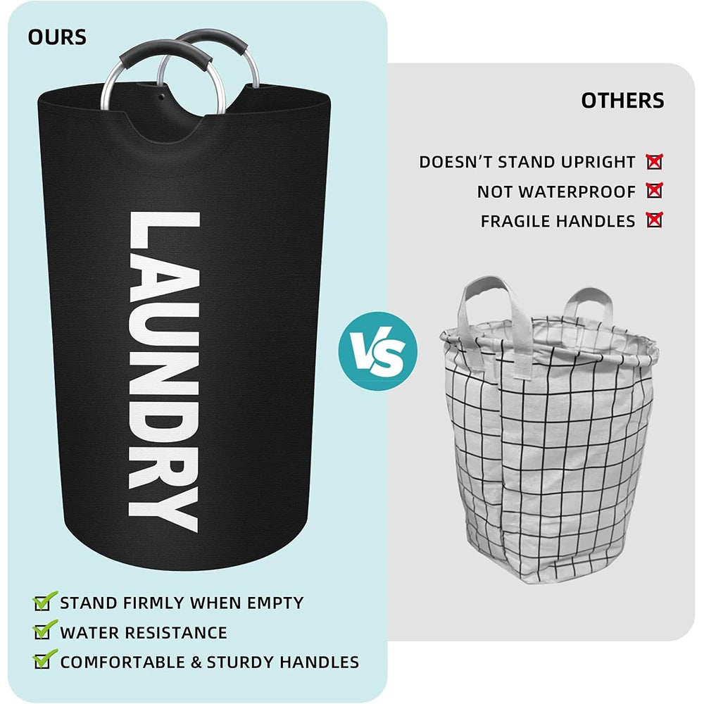 A comparison showing a black laundry bag with the word LAUNDRY and a checkered white basket, highlighting features like water