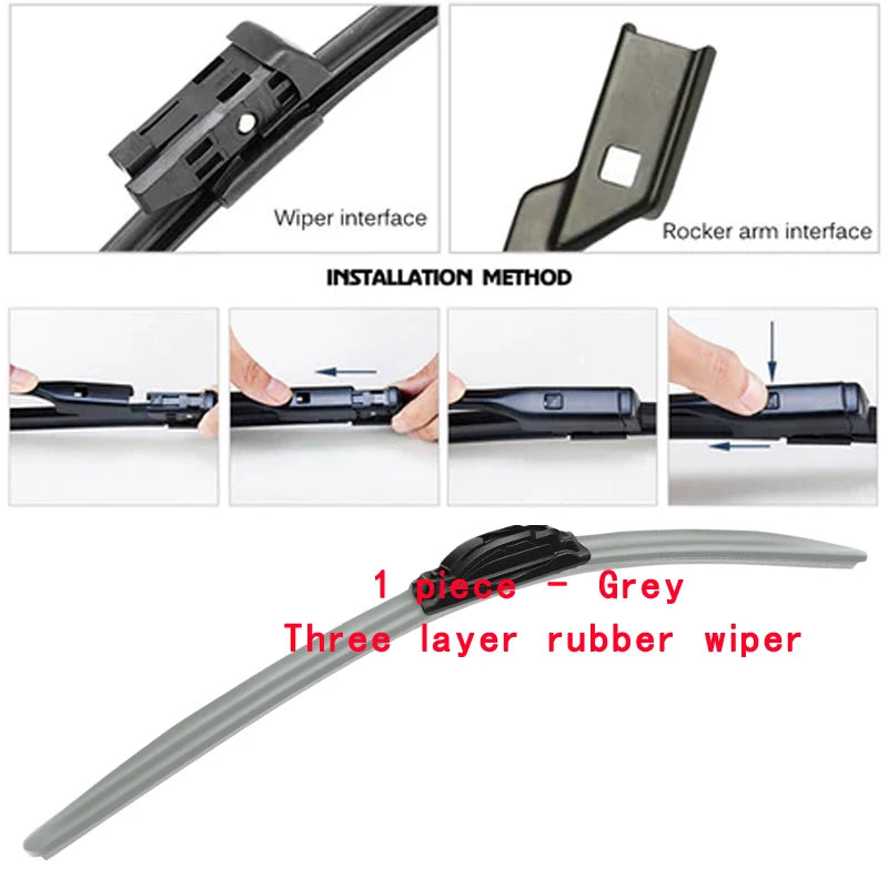 Grey three layer rubber wiper blade with black mounting components for windshield installation