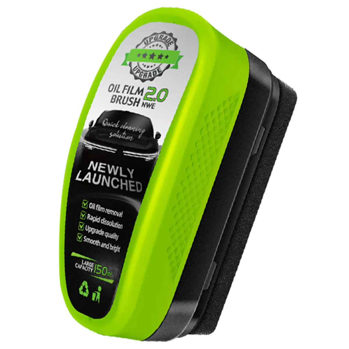 A lime green oil film remover brush product with a black casing and label indicating upgrade features.