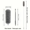A gray telescopic duster with a fluffy head and rods shown next to its dimensions.