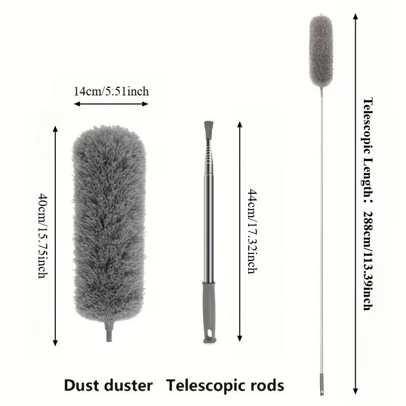 A gray telescopic duster with a fluffy head and rods shown next to its dimensions.