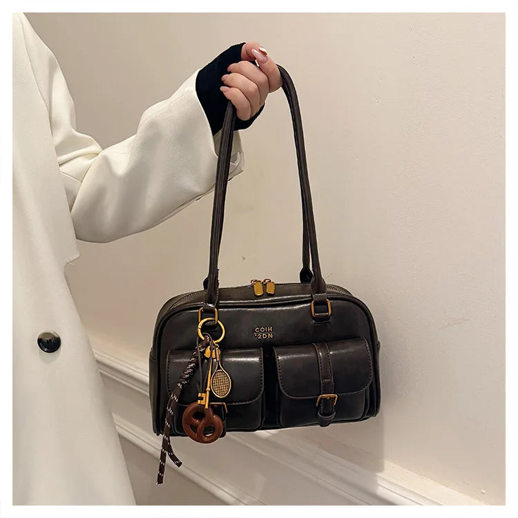 Women's Retro PU Leather Shoulder Bag with Multiple Pockets & Detachable Charm