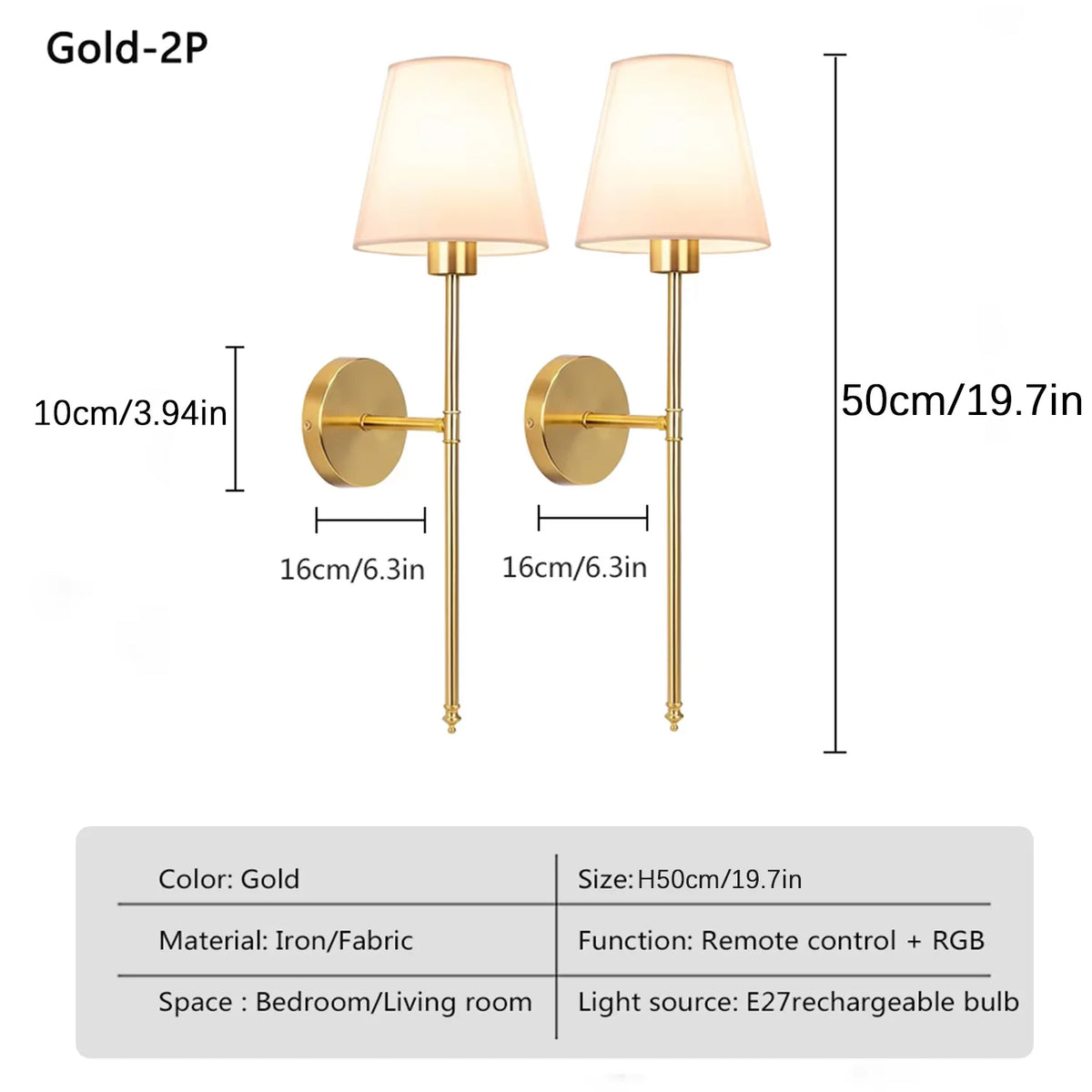 A pair of gold LED wall sconces with fabric shades and remote control, designed for bedroom or living room lighting.