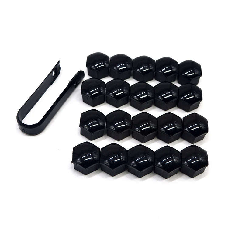 A set of twenty black car wheel nut cap covers for anti-rust protective hub bolts.