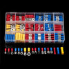 A plastic tray holds assorted insulated wire crimp terminals and connectors in various colors like red, blue, yellow, and sil