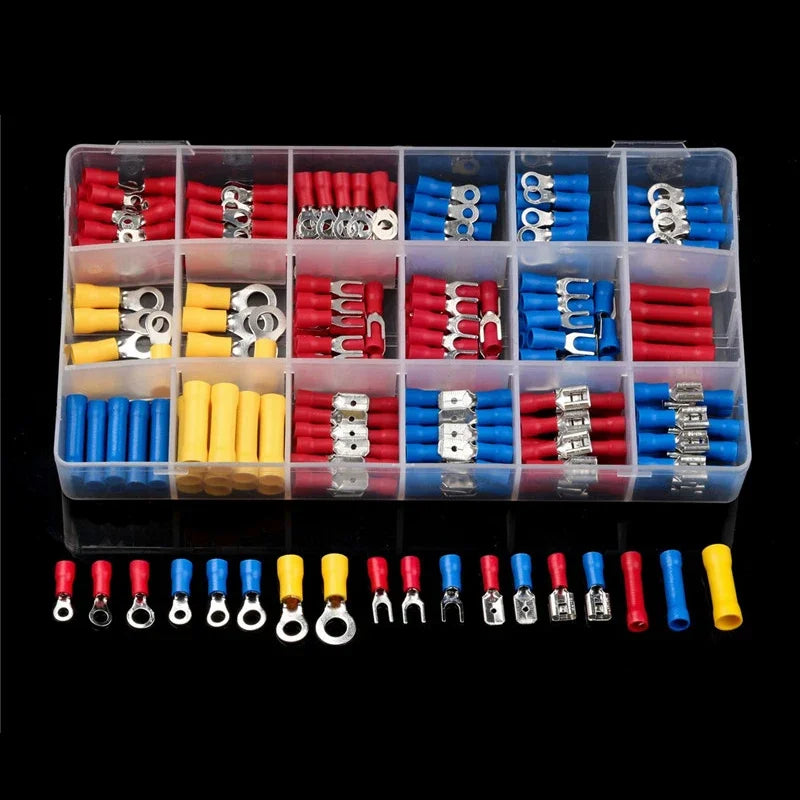 A plastic tray holds assorted insulated wire crimp terminals and connectors in various colors like red, blue, yellow, and sil