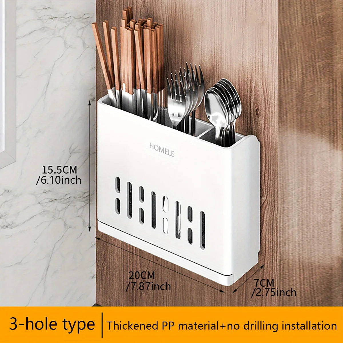 A white cutlery organizer with a 3-hole type design is mounted on a wooden surface, holding various silverware.