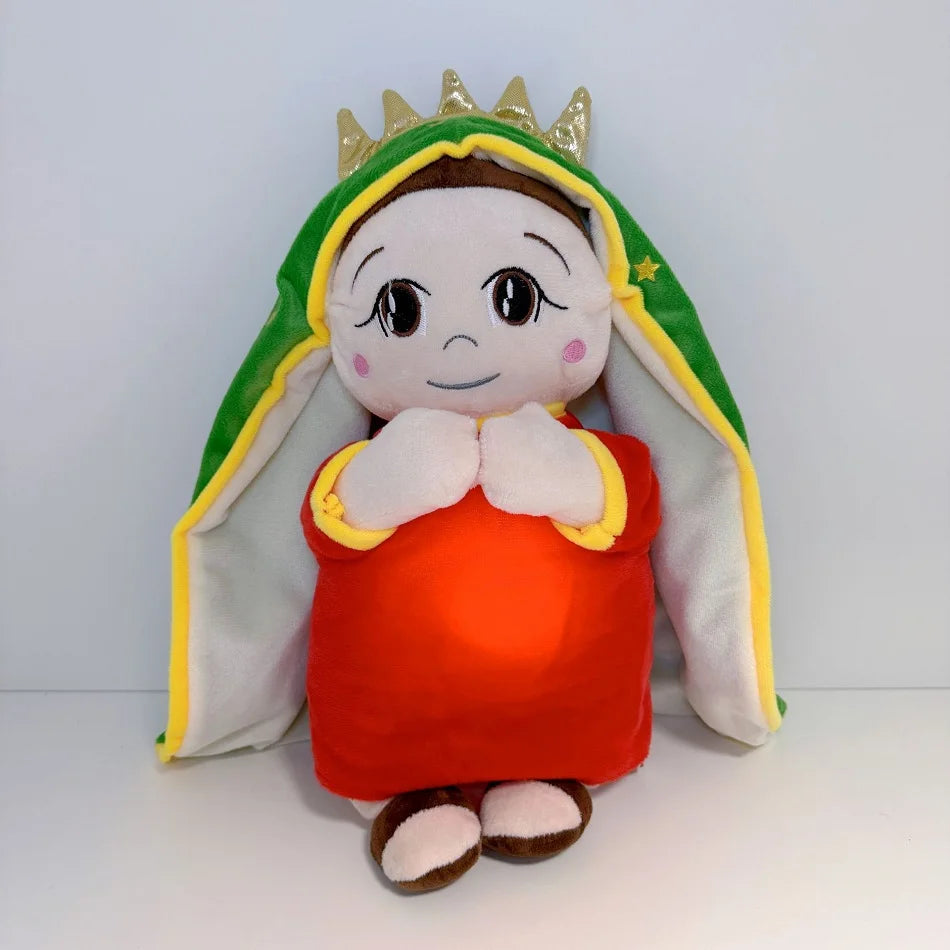 A plush toy of Jesus wearing a green robe and gold crown with a smiling face.