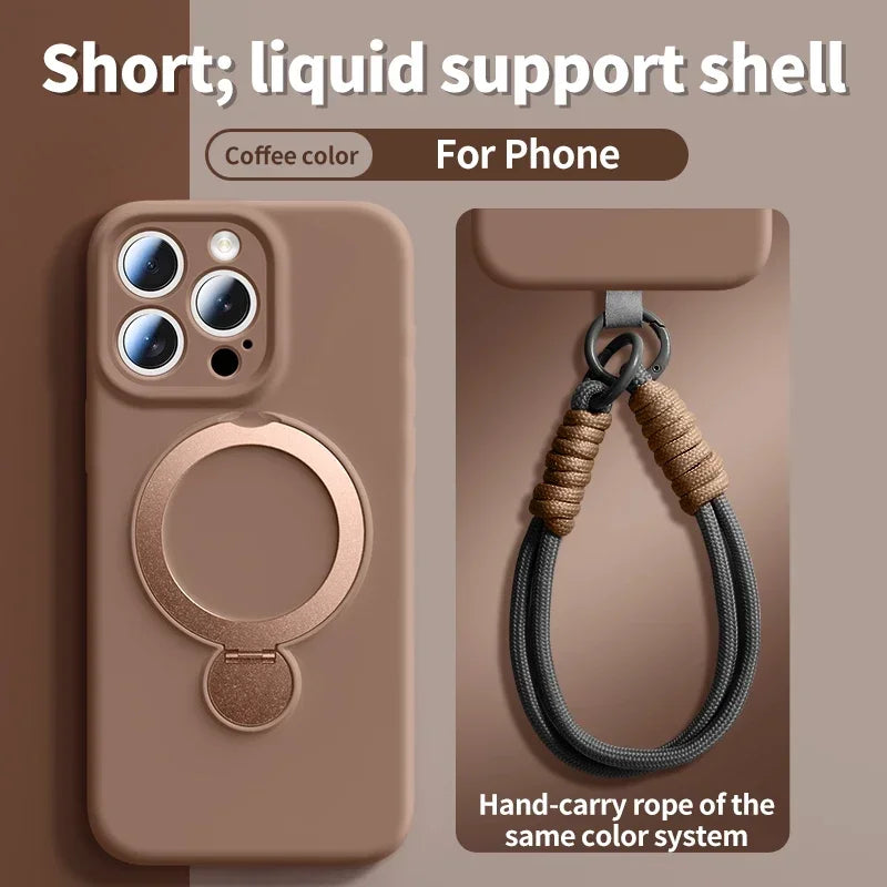 Coffee colored phone case with a magnetic silicone support shell and hand-carry rope