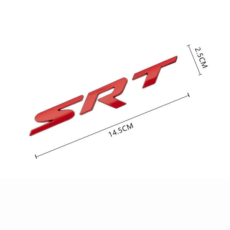 Red metal sticker accent of the SRT logo with dimension markings.