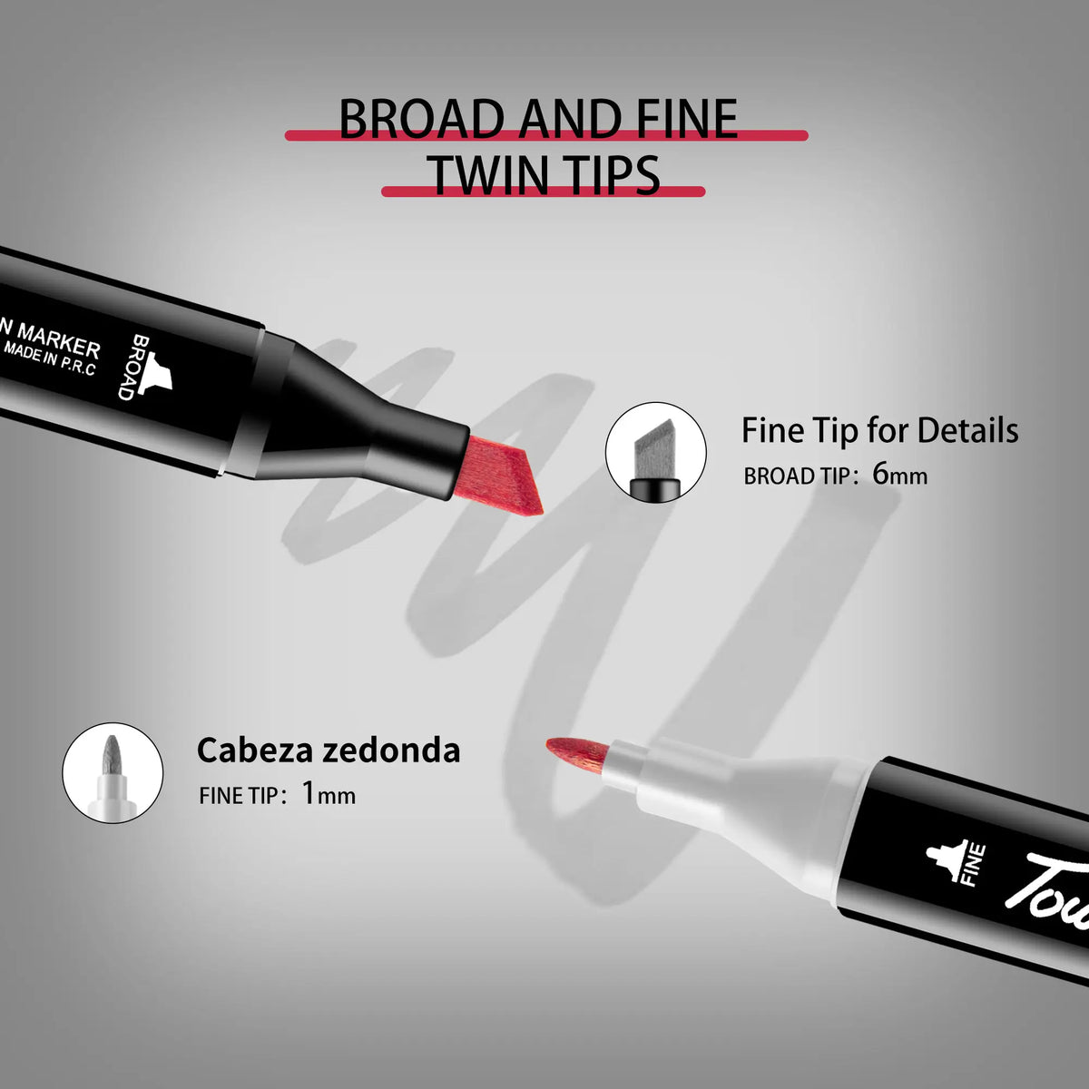 A set of broad and fine twin tips for an alcohol marker, showing different tip sizes.