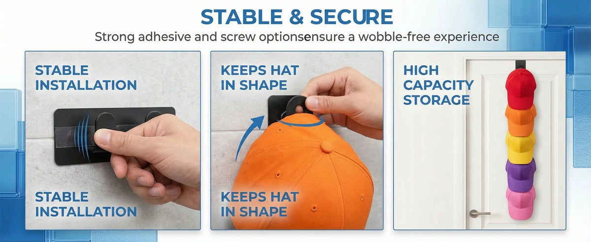 Wall-Mounted Baseball Cap Organizer for Up to 9 Hats
