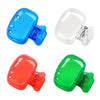 Three protective toothbrush head covers in blue, clear, and red with travel clips.
