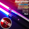A close-up view of a black and silver lightsaber with multiple colored lights and a glowing red tip.