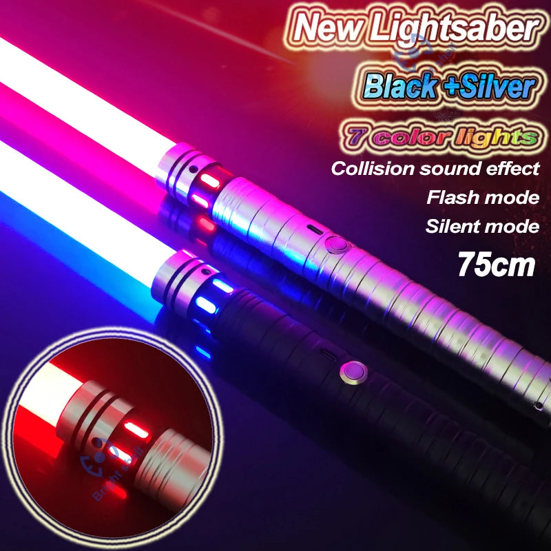 A close-up view of a black and silver lightsaber with multiple colored lights and a glowing red tip.