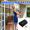 A woman in a blue dress is shown entering a home through a glass door, with a magnetic screen door visible.