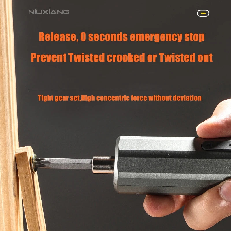 A hand holds a cordless electric screwdriver with a magnetic drill bit, demonstrating its use for tightening screws.