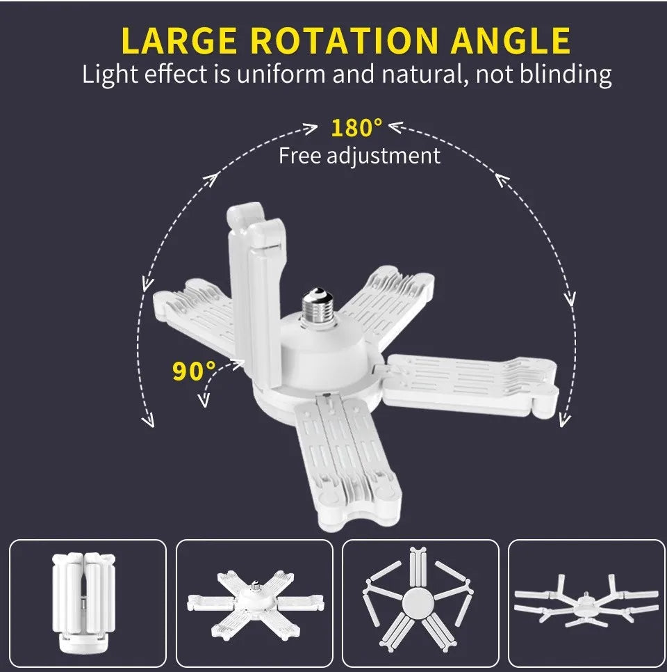 A white adjustable LED garage light bulb with an E27 base shown in various rotation angles.