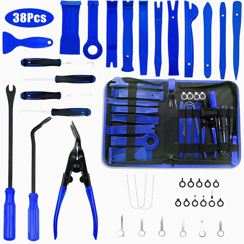 A collection of 38-piece blue and black car trim removal tools and various small tools stored in a black pouch.