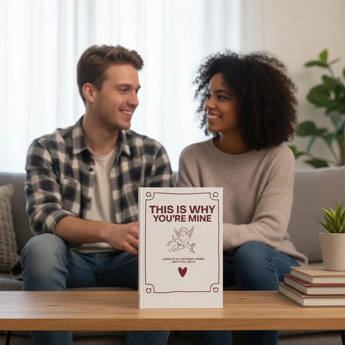 A couple smiling while looking at a personalized fill-in-the-blank love book for an anniversary keepsake journal.
