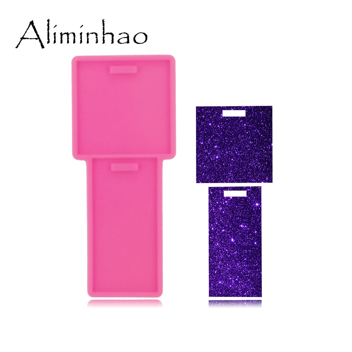 A pink silicone resin mold for badge backings and keychains shown in two forms.