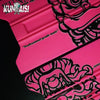 A pink magnetic suede edge squeegee tool with black graphic design for vinyl wrap and window tinting.
