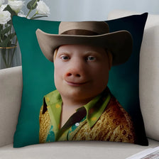 A novelty throw pillow featuring a cartoon face wearing a brown cowboy hat and a green shirt.