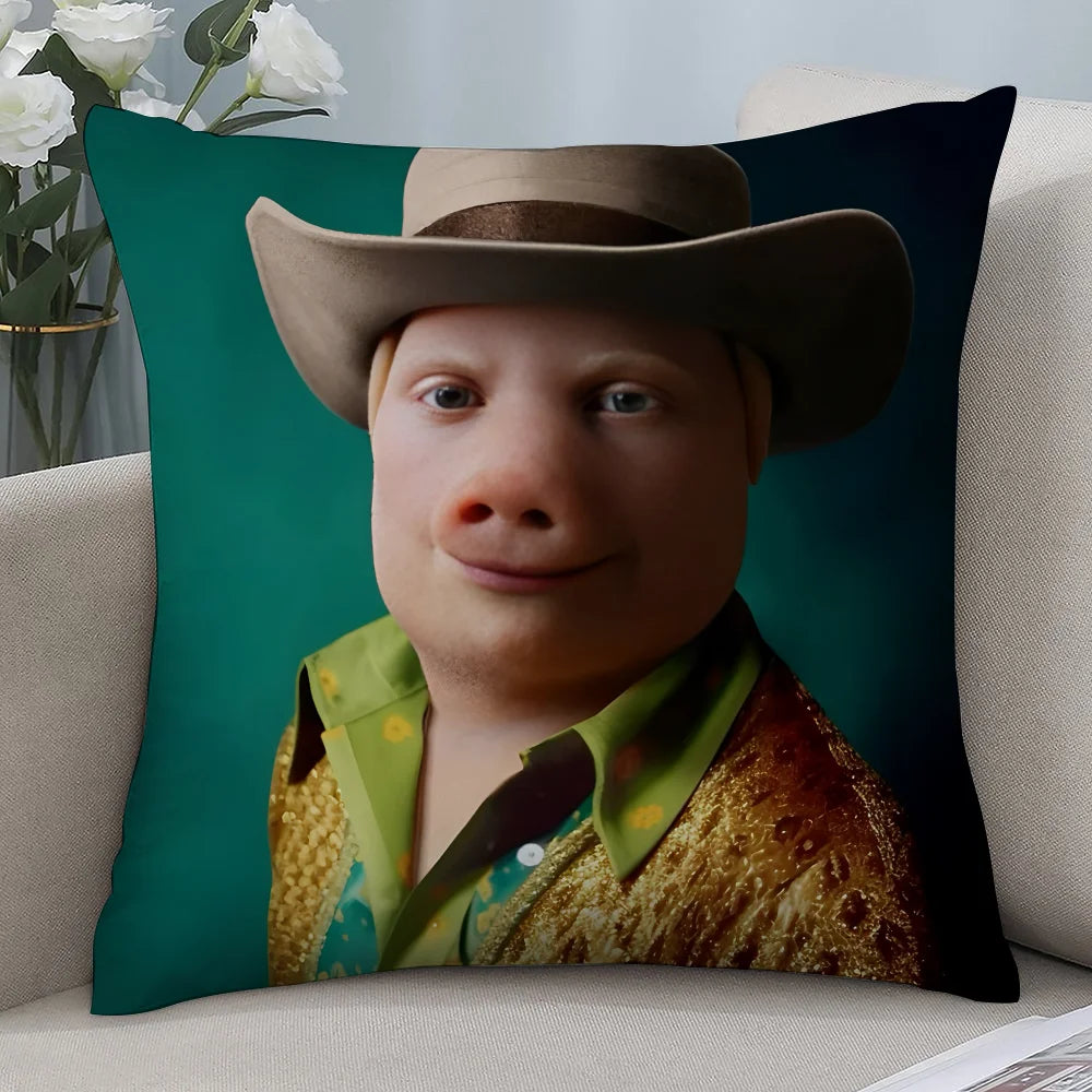 A novelty throw pillow featuring a cartoon face wearing a brown cowboy hat and a green shirt.