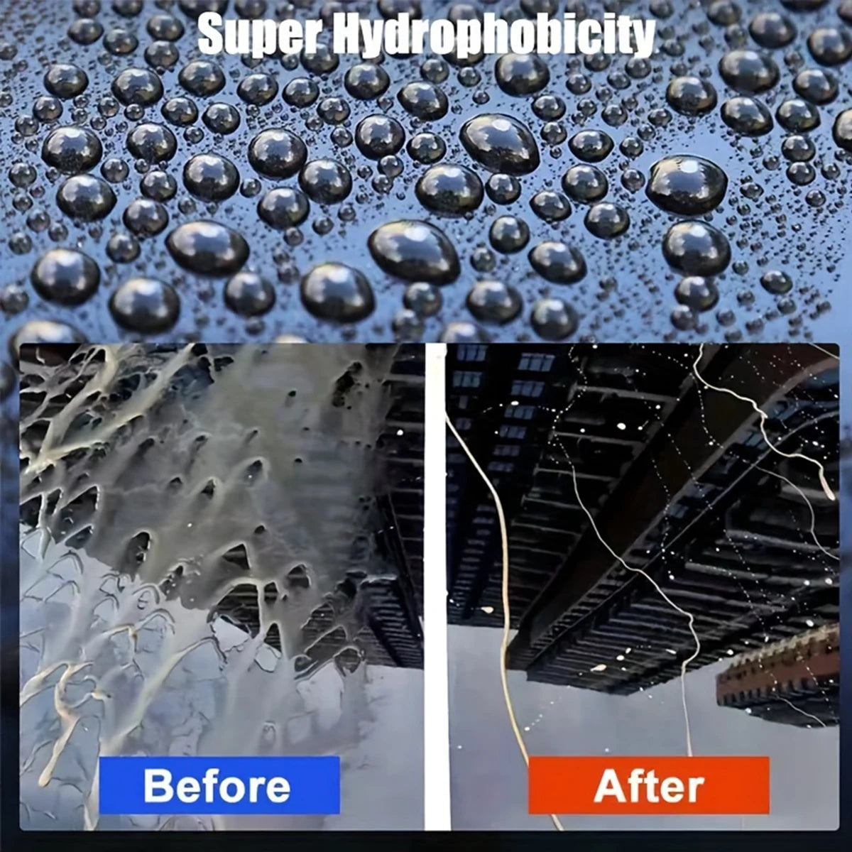 Goutte d'eau perlée sur une surface montrant l'hydrophobie avant et après application de revêtement céramique.