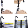 A set of folding aluminum extension ladders and a telescopic ladder with a removable roof hook.