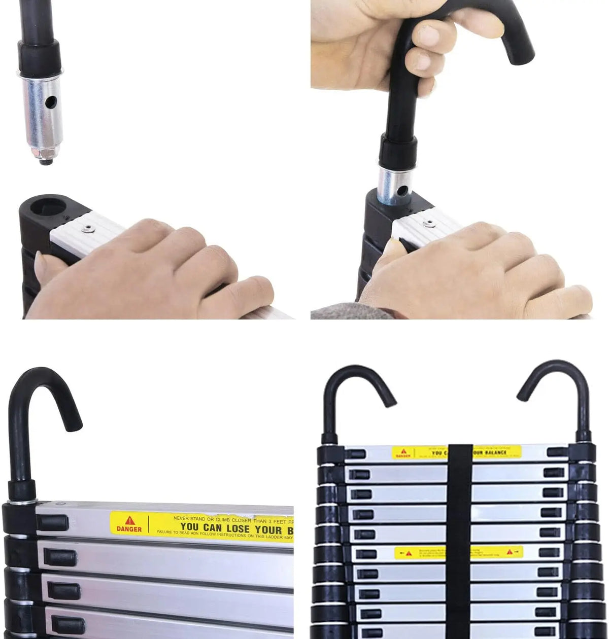 A set of folding aluminum extension ladders and a telescopic ladder with a removable roof hook.