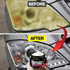 Before and after comparison of car headlight restoration polish on a headlight lens.