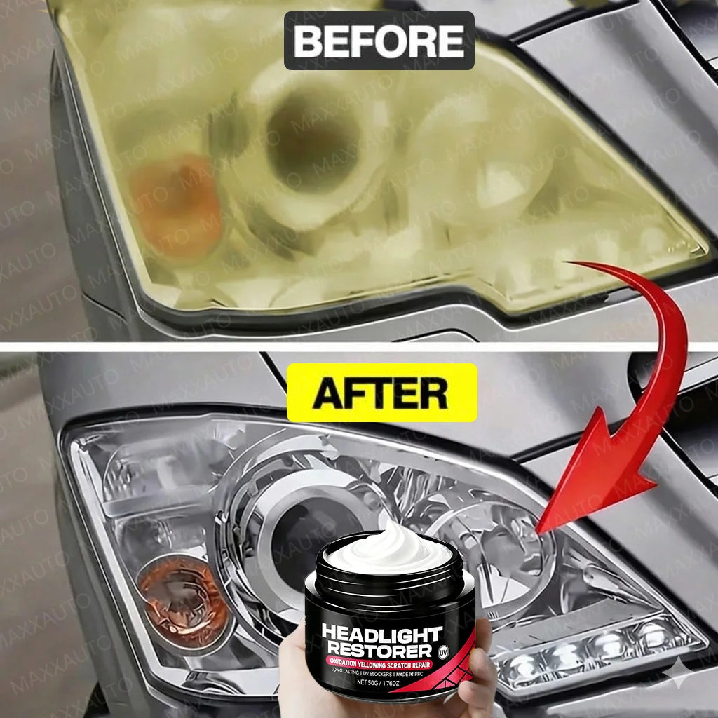 Before and after comparison of car headlight restoration polish on a headlight lens.